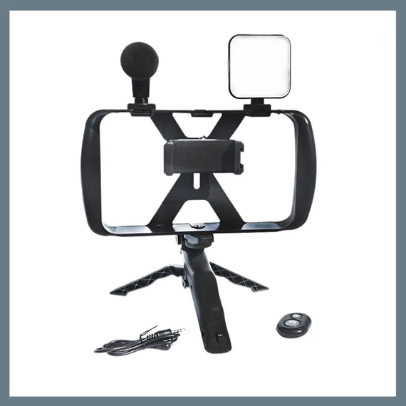 Selfie stick - negru, cu telecomandă Bluetooth, tripod, iluminare LED și microfon TL-49T