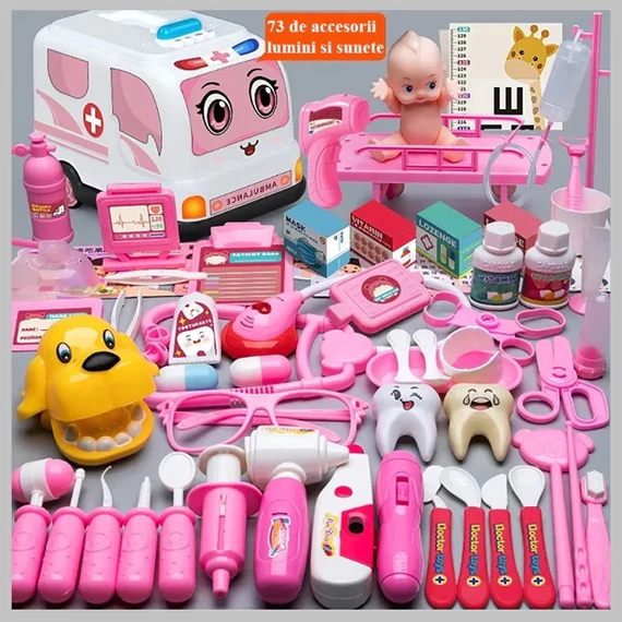 PROCART Set medical pentru copii, 73 de piese, stetoscop, seringă, ambulanță, lumini, sunete 839-023-PINK