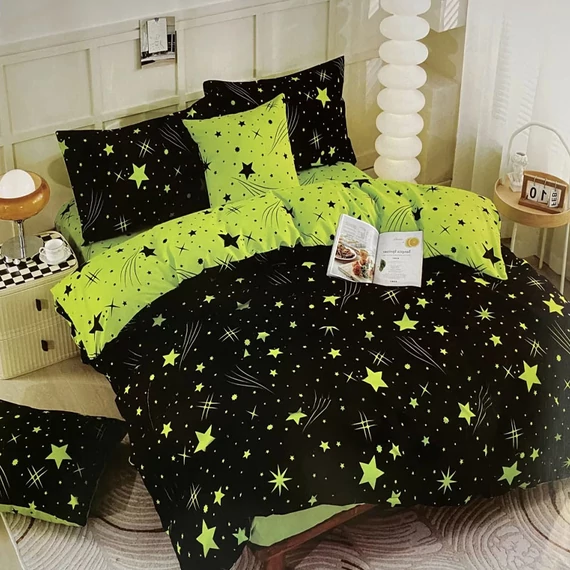 Set de lenjerie de pat cu stele, 7 piese, Verde-Negru AB107-3