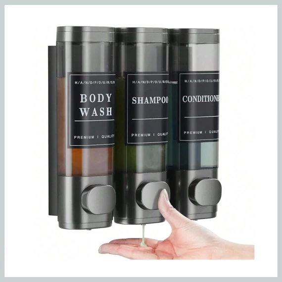 Dispozitiv de dozare lichidă pentru șampon și gel de duș de perete – Design gri, cu 3 compartimente 44266967g