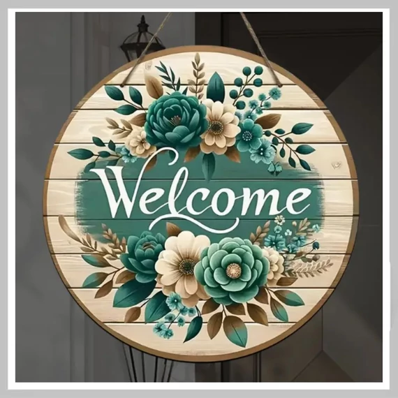Placă de bun venit din lemn drăguță cu model floral – 20x20 cm, decor suspendat – NA174146
