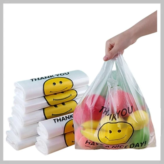 50 bucăți "Mulțumesc" pungă de cumpărături din plastic cu față zâmbitoare – Mărimea S, 32x20 cm – YV246632
