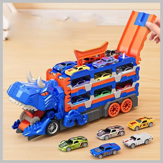 Transformabilă Camion Dinosaur cu 6 Mașinuțe, Garaj și Pista de Curse (T) – QD493477
