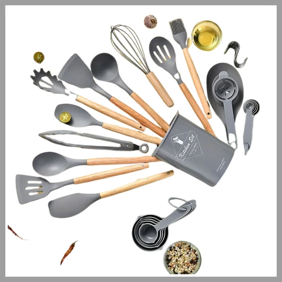 Set de ustensile de bucătărie din silicon, 34 de piese, cu mânere din lemn, gri 601099608995611