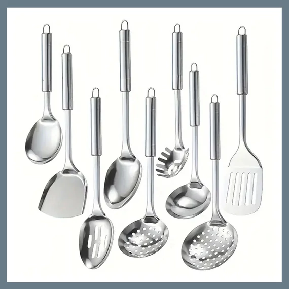 Set de ustensile de bucătărie din oțel inoxidabil, 9 piese, cu spatulă, strecurătoare și polonic 601099698672411