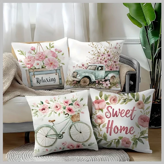 Set de 4 fețe de pernă primăvară-vară - roz floral, "Sweet Home" GJ911337
