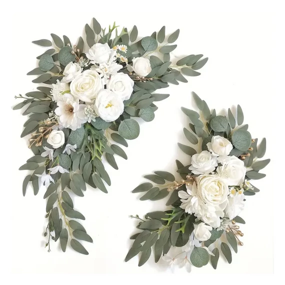 Set decorațiuni florale din mătase - 2 flori albe cu frunze verzi BV37768