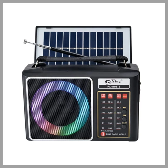 Radio portabil PuXing – Radio pe 3 benzi + Bluetooth + panou solar + lumină LED PX-810BTS