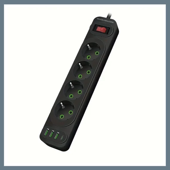 Prelungitor cu 4 prize, porturi USB și port Type-C pentru încărcare rapidă, negru K24U-BLACK
