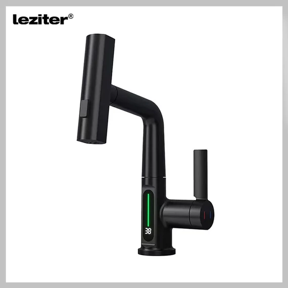 Baterie chiuvetă LEZITER Mara cu cap multifuncțional și afișaj, negru ZS-7020-BL