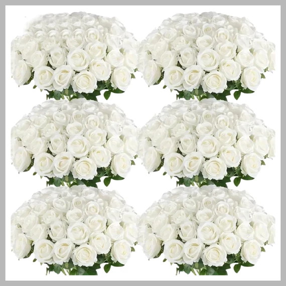 60 bucăți trandafiri artificiali cu tulpină – alb – GA2072486