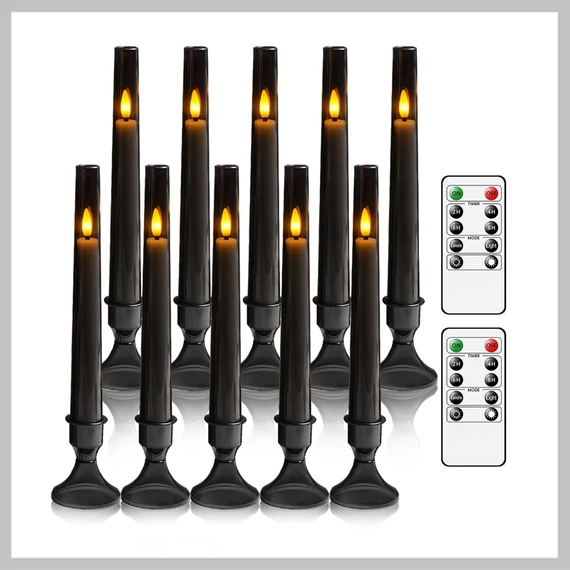 Set de 10 lumânări decorative fără flacără cu telecomandă și suport – NEGRU – PX879351-2