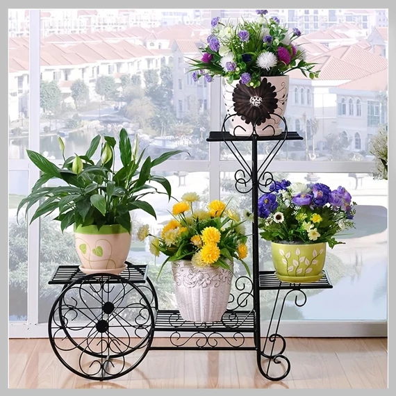 Suport Vintage pentru Ghivece în Formă de Căruță din Metal – Negru, 68 x 68 cm – EQ124420