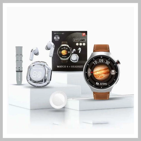 Ceas inteligent D21 – Set argintiu cu căști Bluetooth, curea din silicon și curea din piele – holm0643