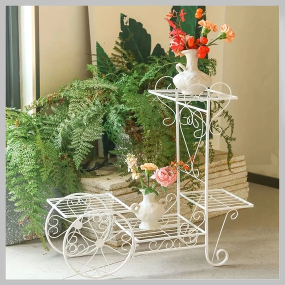 Suport metalic vintage pentru flori în formă de căruță – alb, 68 x 68 cm EQ124420-2