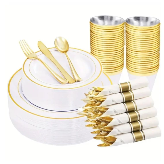 Set elegant de veselă de unică folosință cu margine aurie – 70 piese – UJ2394684