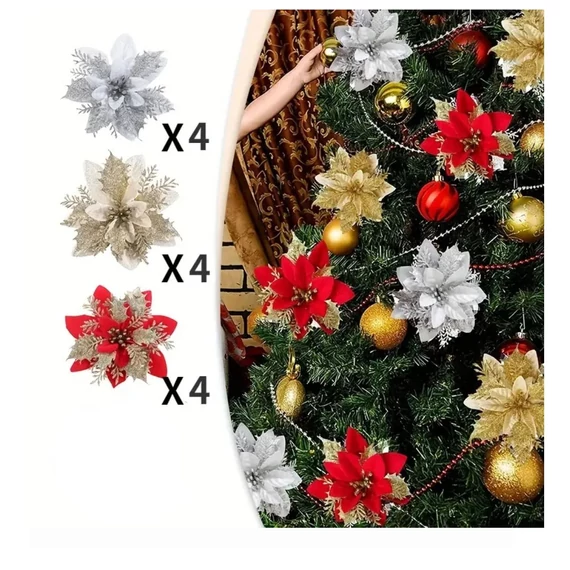 Set flori decorative artificiale de Crăciun – 12 buc. (roșu, auriu, argintiu) – DU245918