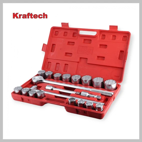 Set de chei tubulare KrafTech 3/4", 21 piese, cu racletă 12 puncte, HB-6889