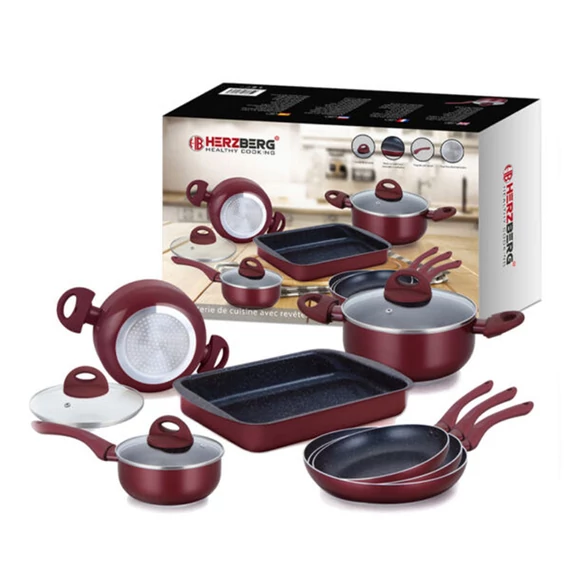 Set de vase Herzberg 10 piese cu acoperire din marmură - burgund HG-9016BR