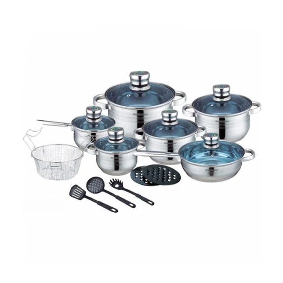 Set de 18 piese de vase din oțel inoxidabil Royalty Line cu capac din sticlă RL-1801B