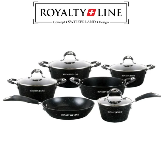 Set de vase de gătit Royalty Line 10 piese, cu capace din sticlă și înveliș din marmură RL-5010BLC