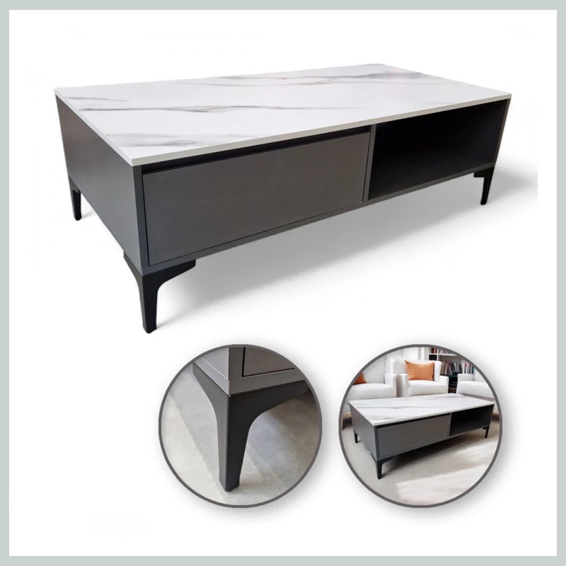 Masă de cafea cu două nivele – 120x60x40 cm, în culorile alb-marbre și grafit – STL17