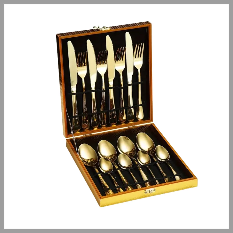 Set de tacâmuri din oțel inoxidabil, 16 piese, cu cutie de lemn 601099600756867