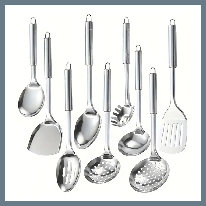 Set de ustensile de bucătărie din oțel inoxidabil, 9 piese, cu spatulă, strecurătoare și polonic 601099698672411