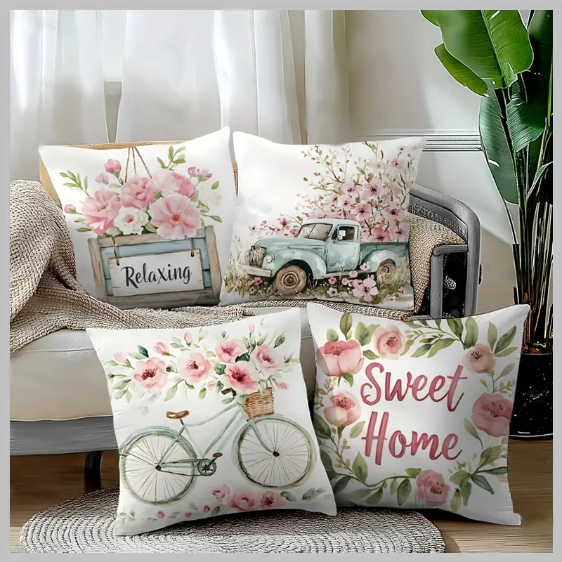 Set de 4 fețe de pernă primăvară-vară - roz floral, 