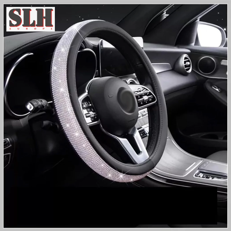 Husă volan cu strasuri, margine textil, argintie – 38 cm – SLH5967
