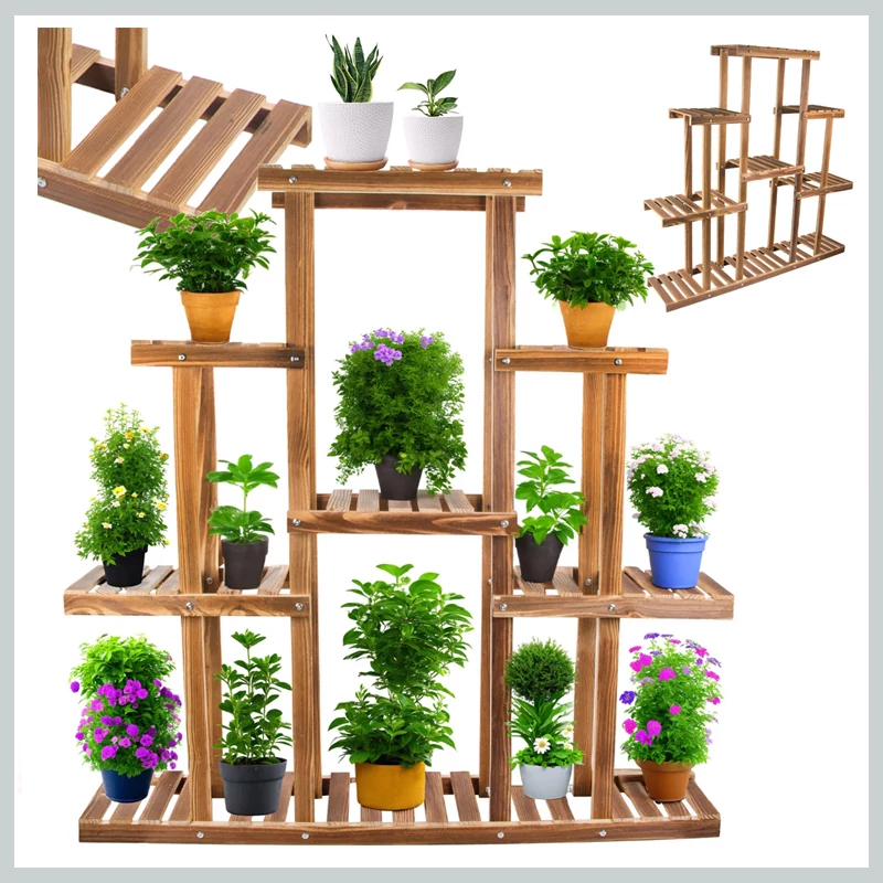 Suport mare pentru flori din lemn, 11 rafturi, finisaj rustic maro – 27402