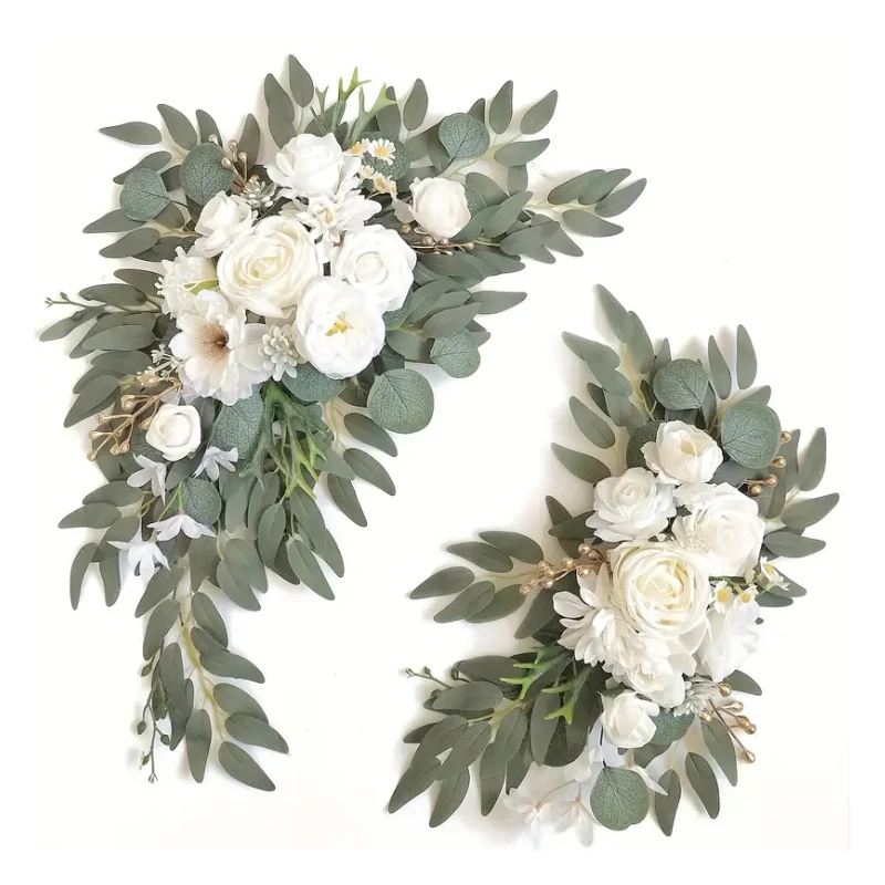 Set decorațiuni florale din mătase - 2 flori albe cu frunze verzi BV37768