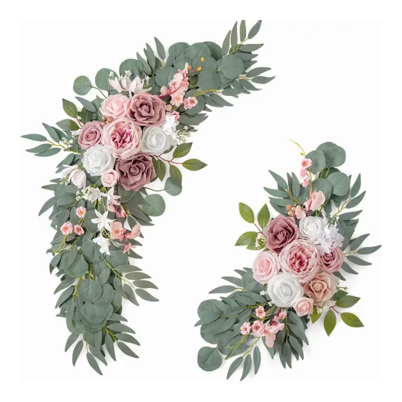 Set decorațiuni florale din mătase - 2 bucăți, flori roz și albe cu frunze verzi XW1496408