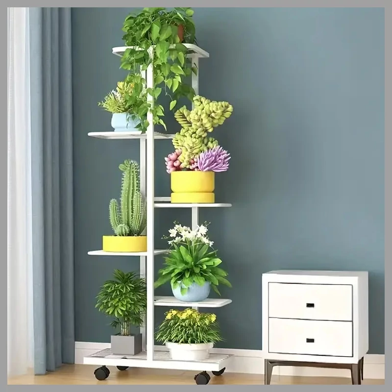 Suport metalic pentru flori pentru interior/exterior cu roți, 6 niveluri - alb - AF122560-d