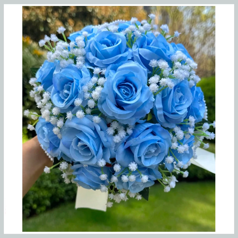 Buchet de mireasă - flori false albastre cu panglică de satin 39965718b