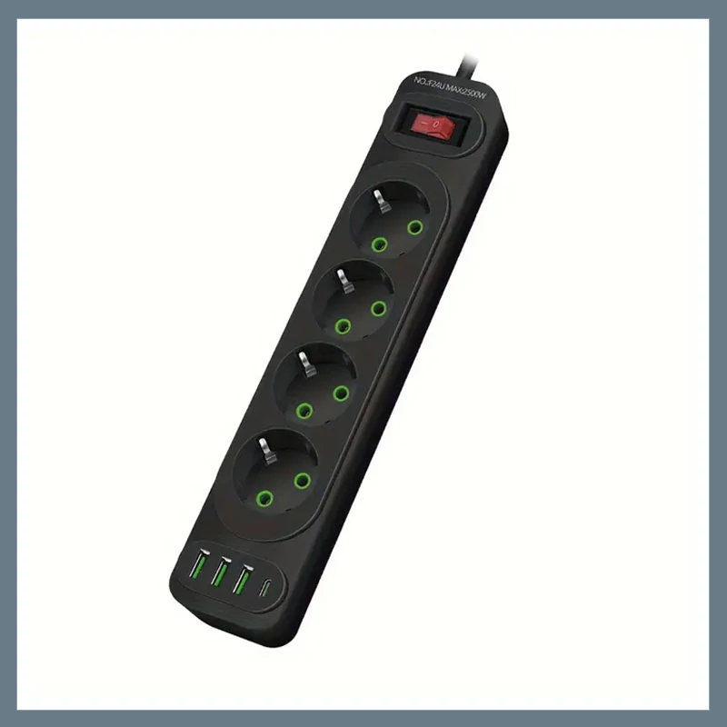 Prelungitor cu 4 prize, porturi USB și port Type-C pentru încărcare rapidă, negru K24U-BLACK
