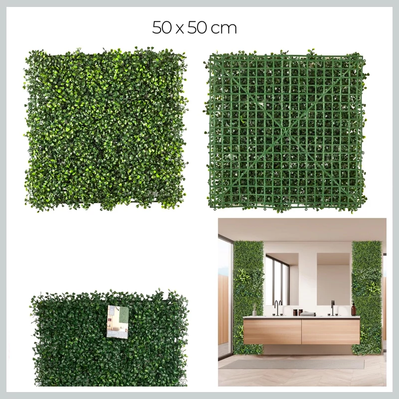 Panou Decorativ cu Plante Artificiale – Set 12 Bucăți, 50 x 50 cm, Efect de Gard Verde – HD0451