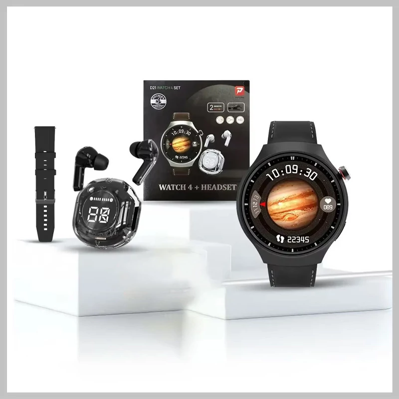 Set Smartwatch D21 Negru – Ceas inteligent + Căști Bluetooth + Curele din silicon și piele – holm0642