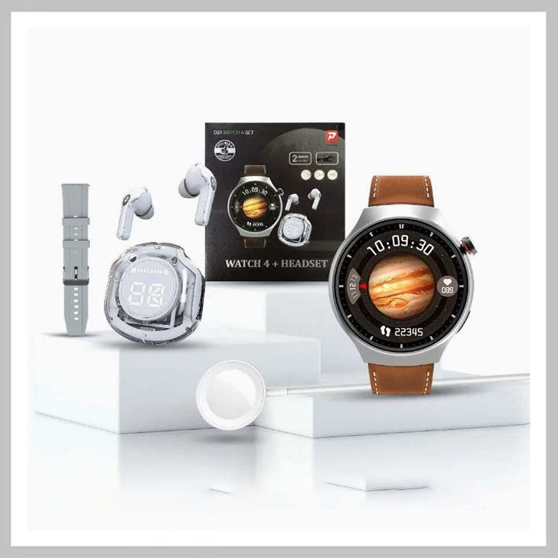 Ceas inteligent D21 – Set argintiu cu căști Bluetooth, curea din silicon și curea din piele – holm0643