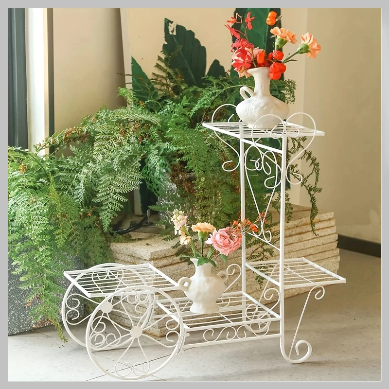 Suport metalic vintage pentru flori în formă de căruță – alb, 68 x 68 cm EQ124420-2