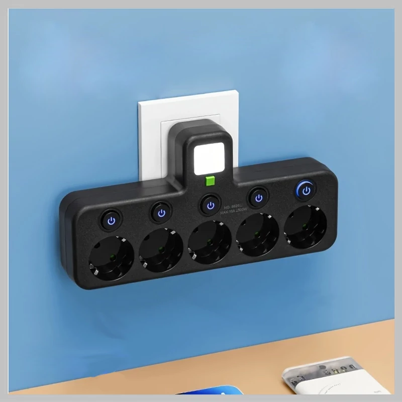 Adaptor de Priză cu 5 Ieșiri pentru Perete, cu Lumină de Veghe – Negru EF1778382-F