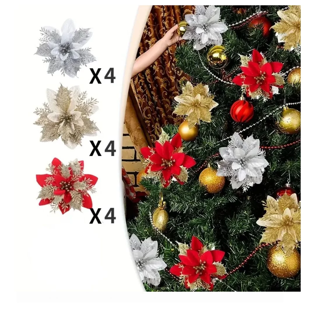 Set flori decorative artificiale de Crăciun – 12 buc. (roșu, auriu, argintiu) – DU245918