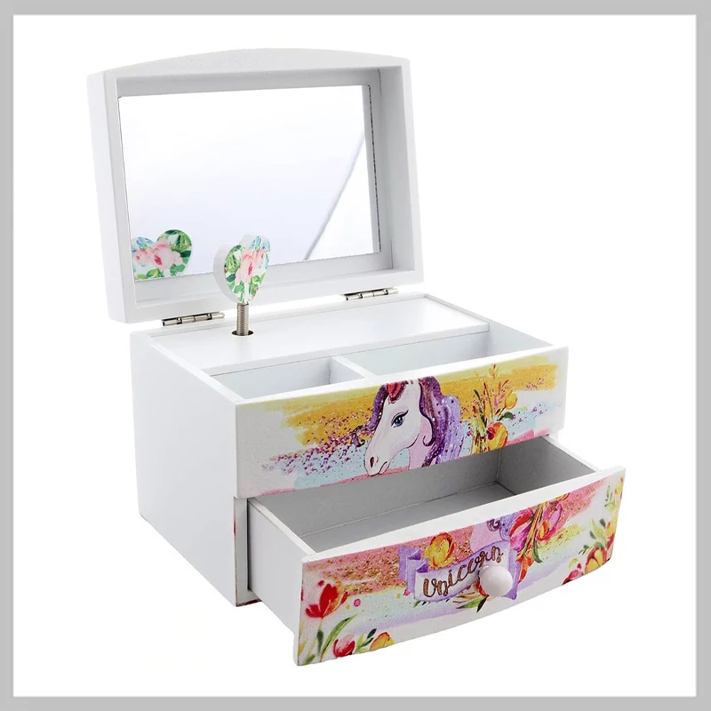 Cutie muzicală pentru bijuterii din lemn cu unicorn 13x10x9 cm 447733