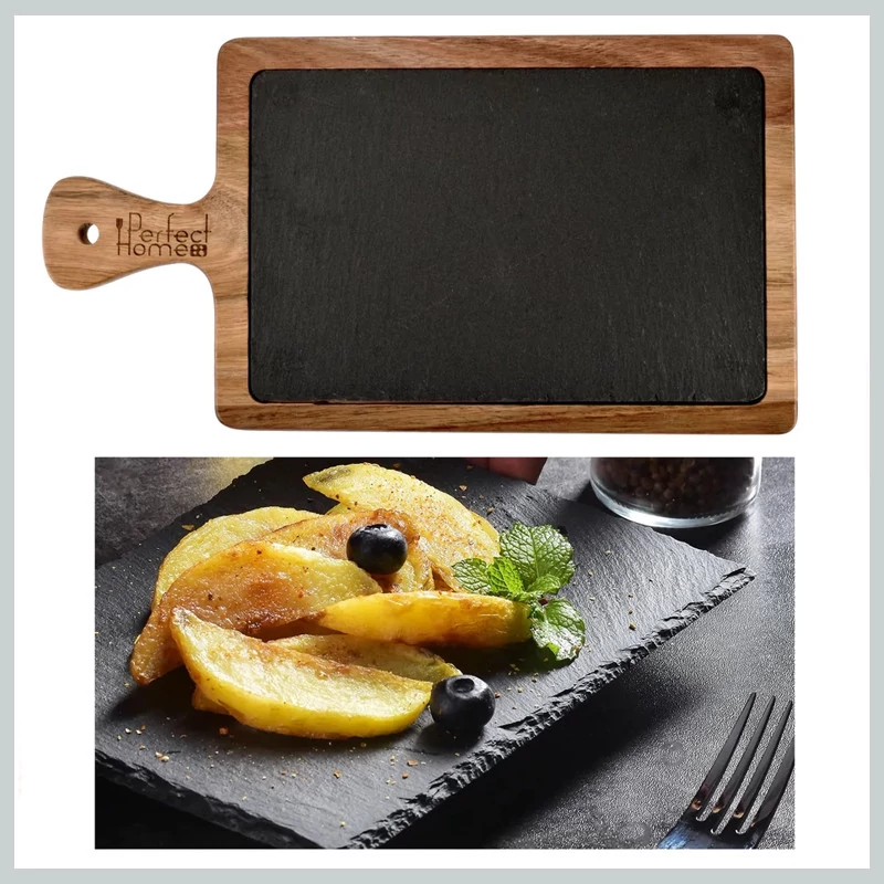 Platou de Servire Perfect Home cu Mâner, Lemn de Acacia și Piatra Ardezie, 26x18 cm, Model 28111