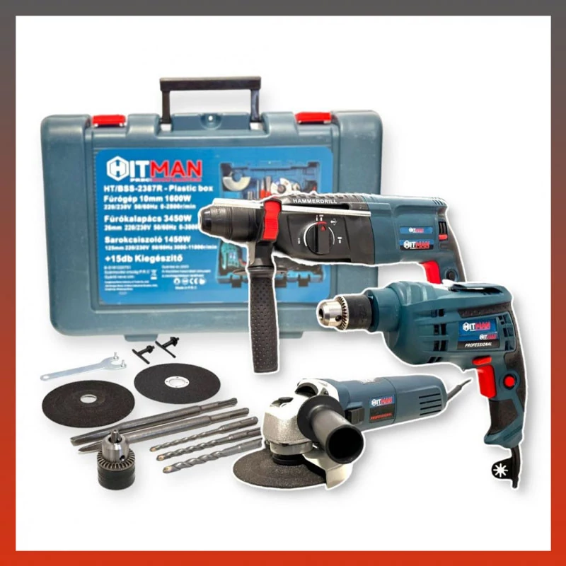Hitman HT-BSS-2387R Set Mașină de găurit, Ciocan rotopercutor și Polizor unghiular
