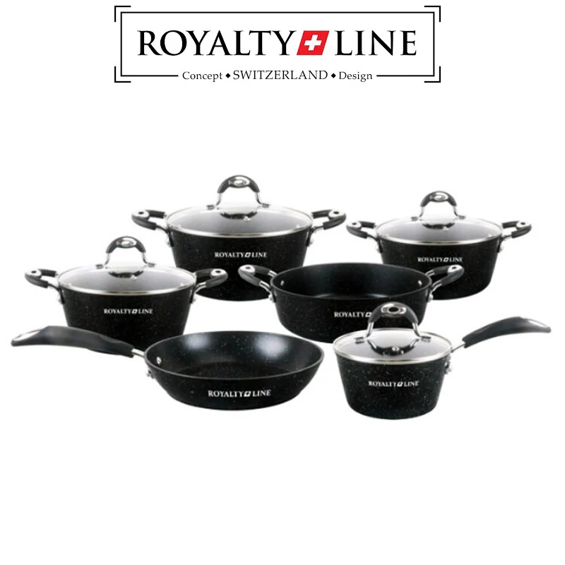 Set de vase de gătit Royalty Line 10 piese, cu capace din sticlă și înveliș din marmură RL-5010BLC