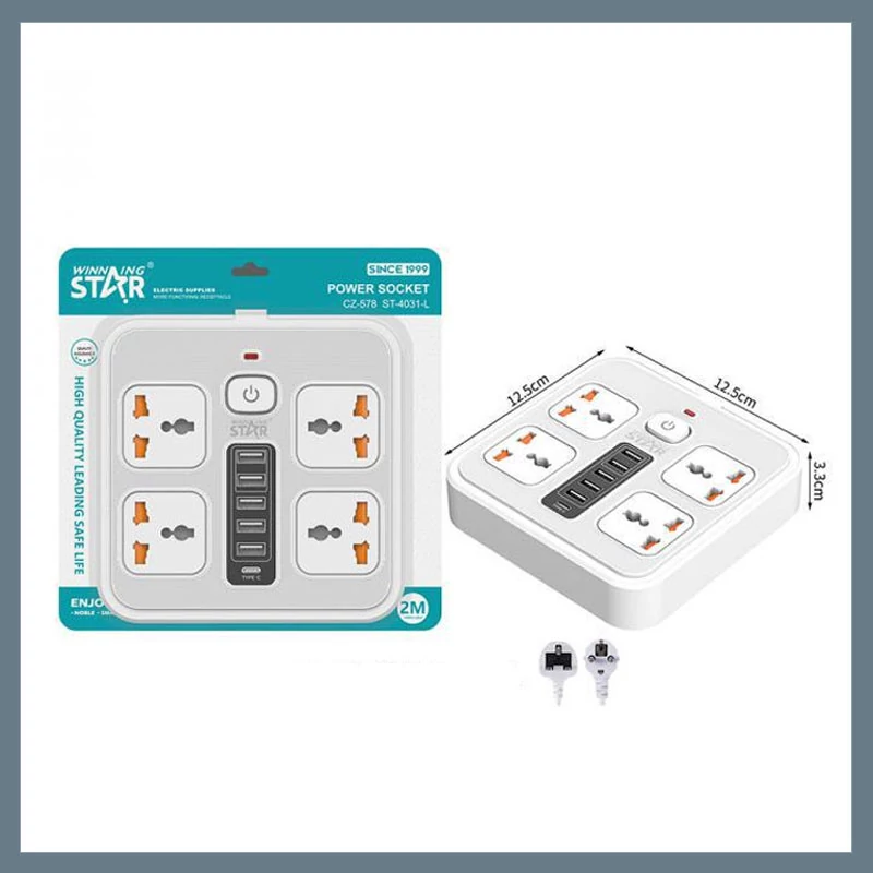 Cutie de distribuție cu protecție la supratensiune Winning Star cu fișă plată, cu 4 prize de curent alternativ, 5 USB și 1 priză de tip C ST-4031-L